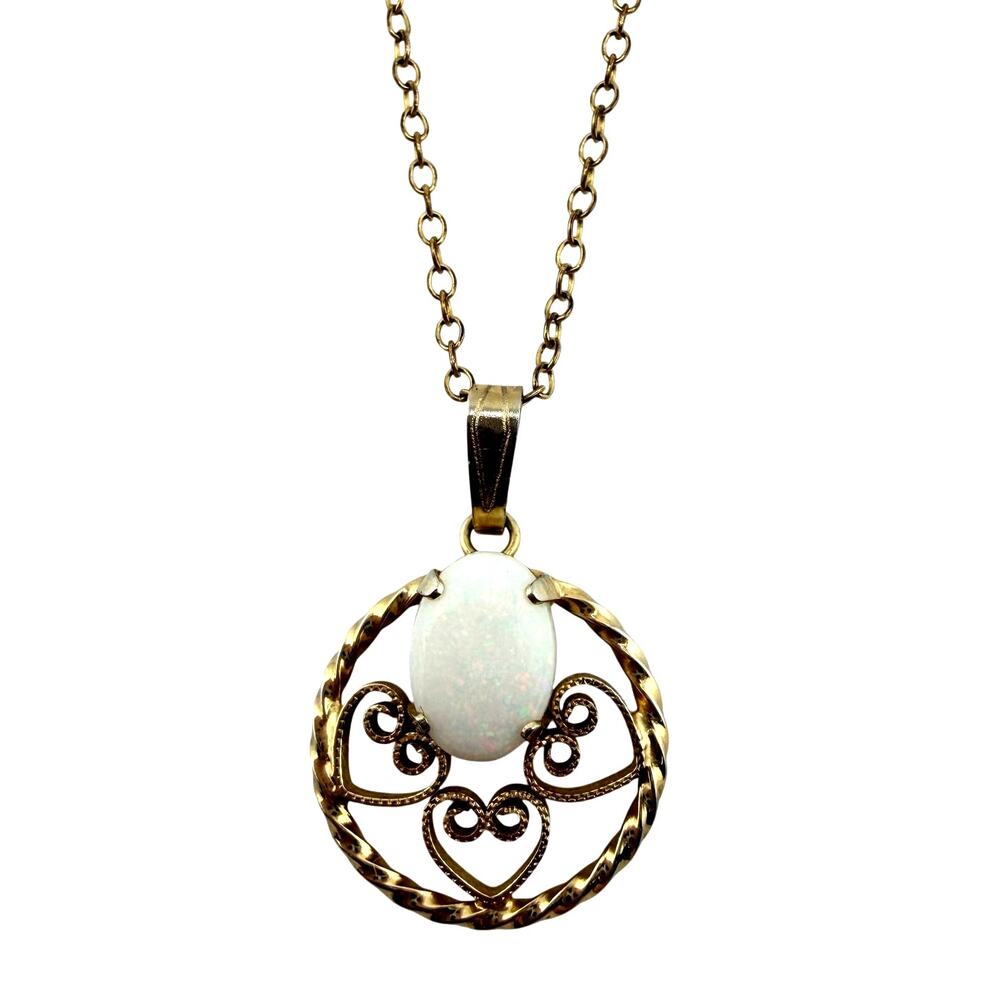 Vintage 12K Gold Filled Dainty Faux Opal Filigree Heart Pendant 18" Necklace